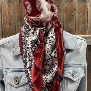 Wine Red Cream Paisley Printed Western Southwestern Wild Rag Scarf Accent